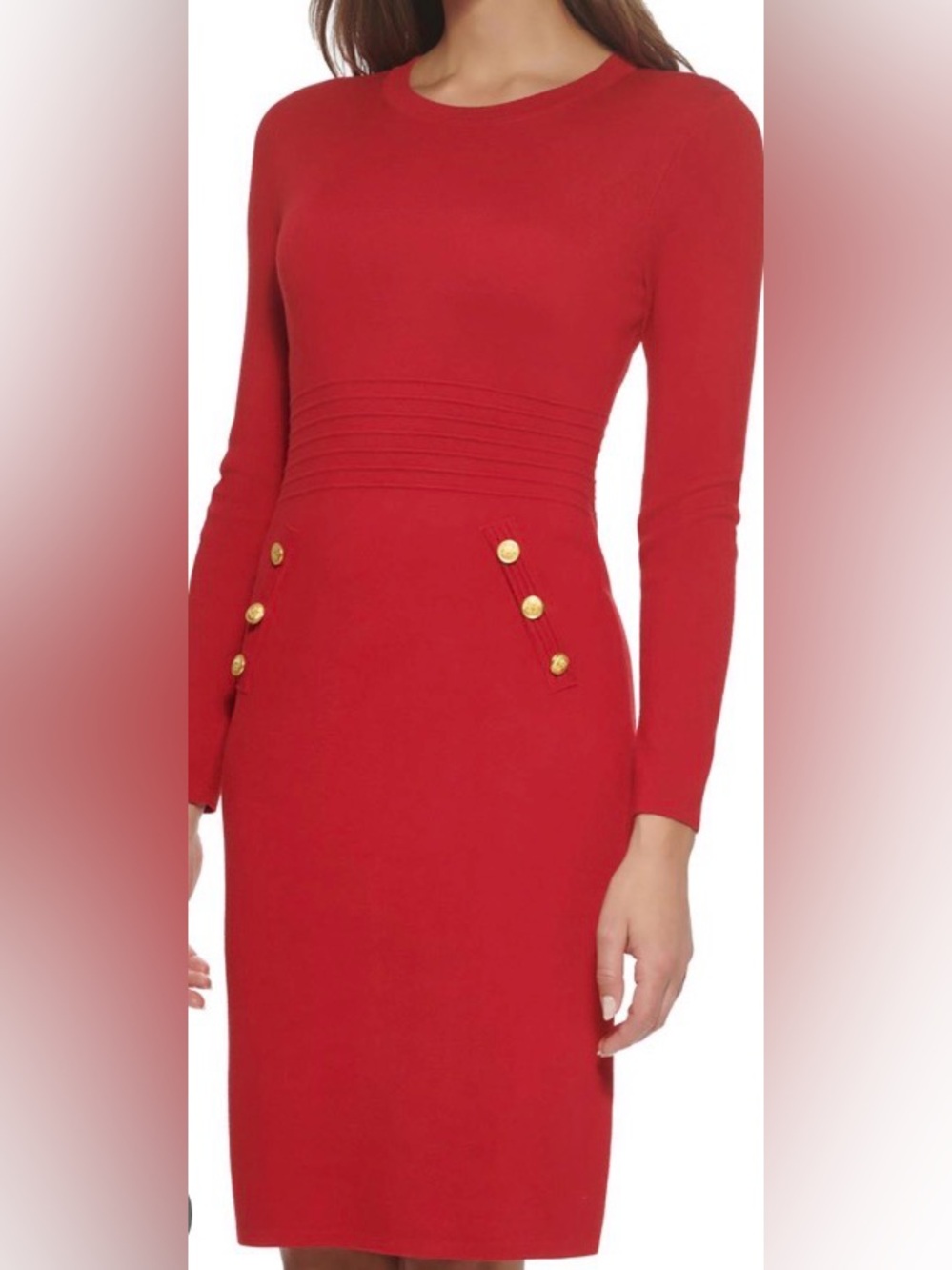 DKNY Long Sleeve Sheath Dress with Gold Buttons